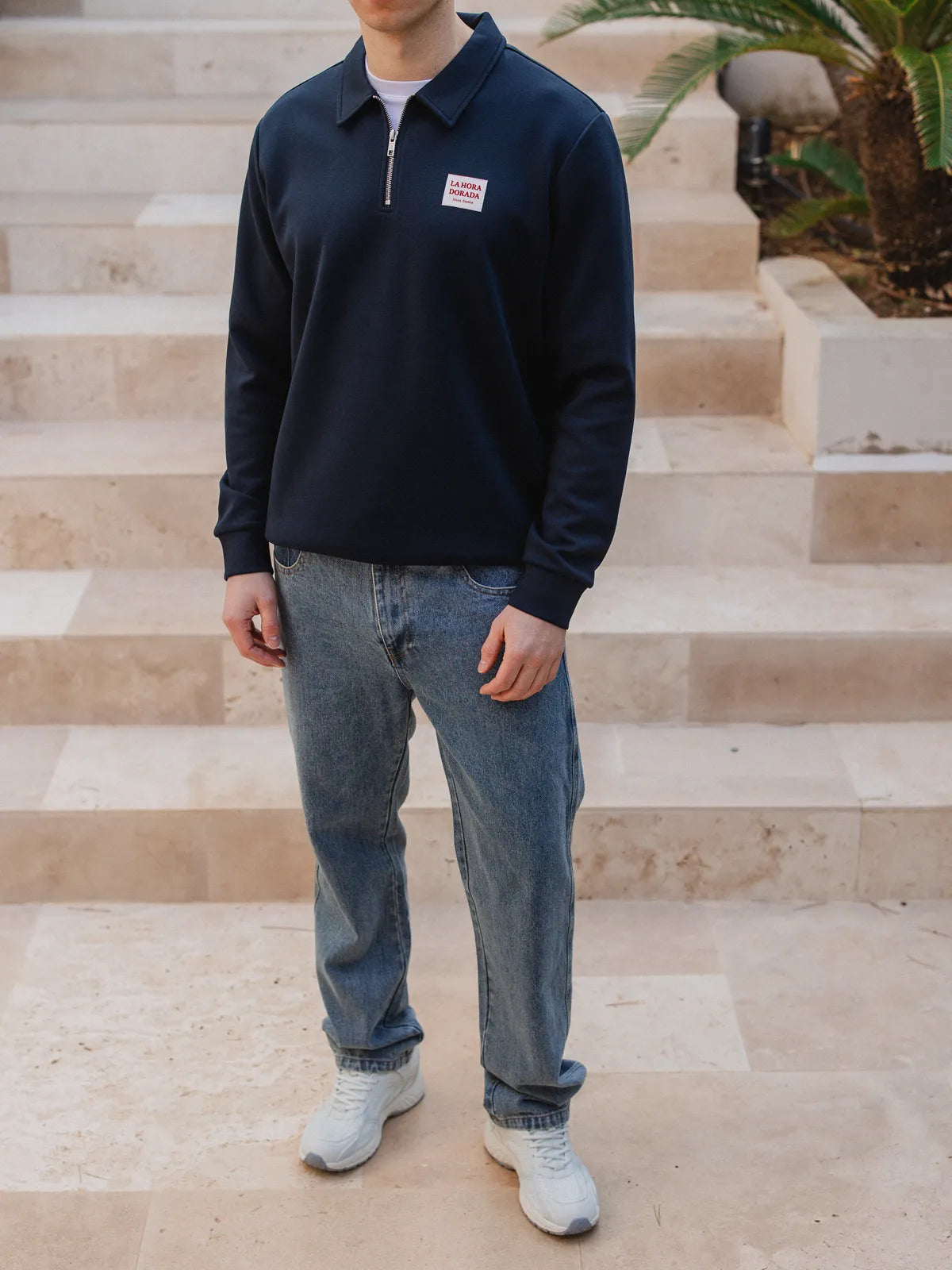 Navy Label Half Zip Polo Sweater