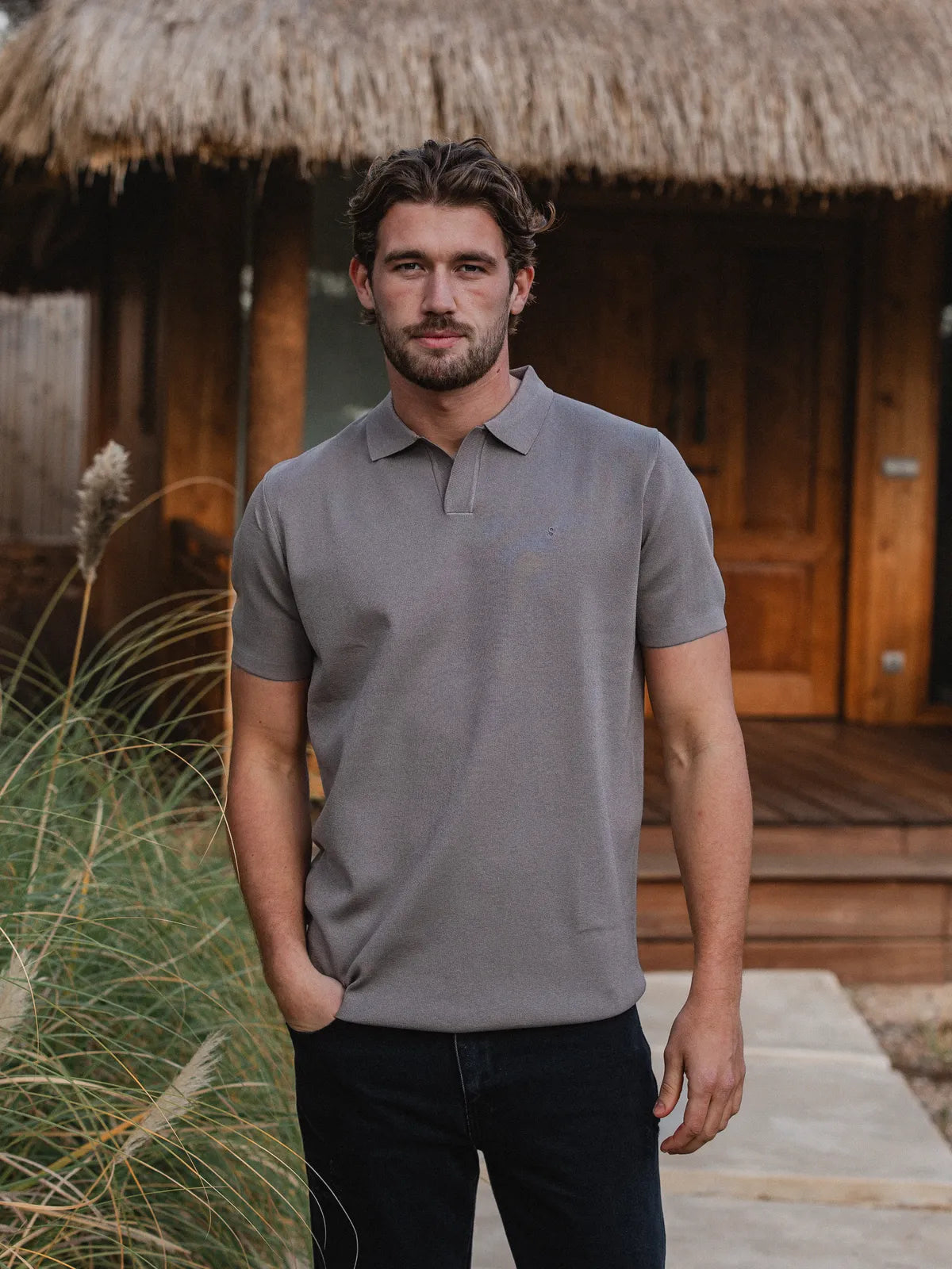 Taupe Knit V-polo
