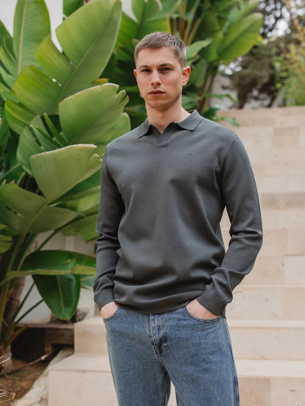 Green Knit Long Sleeve V-Polo