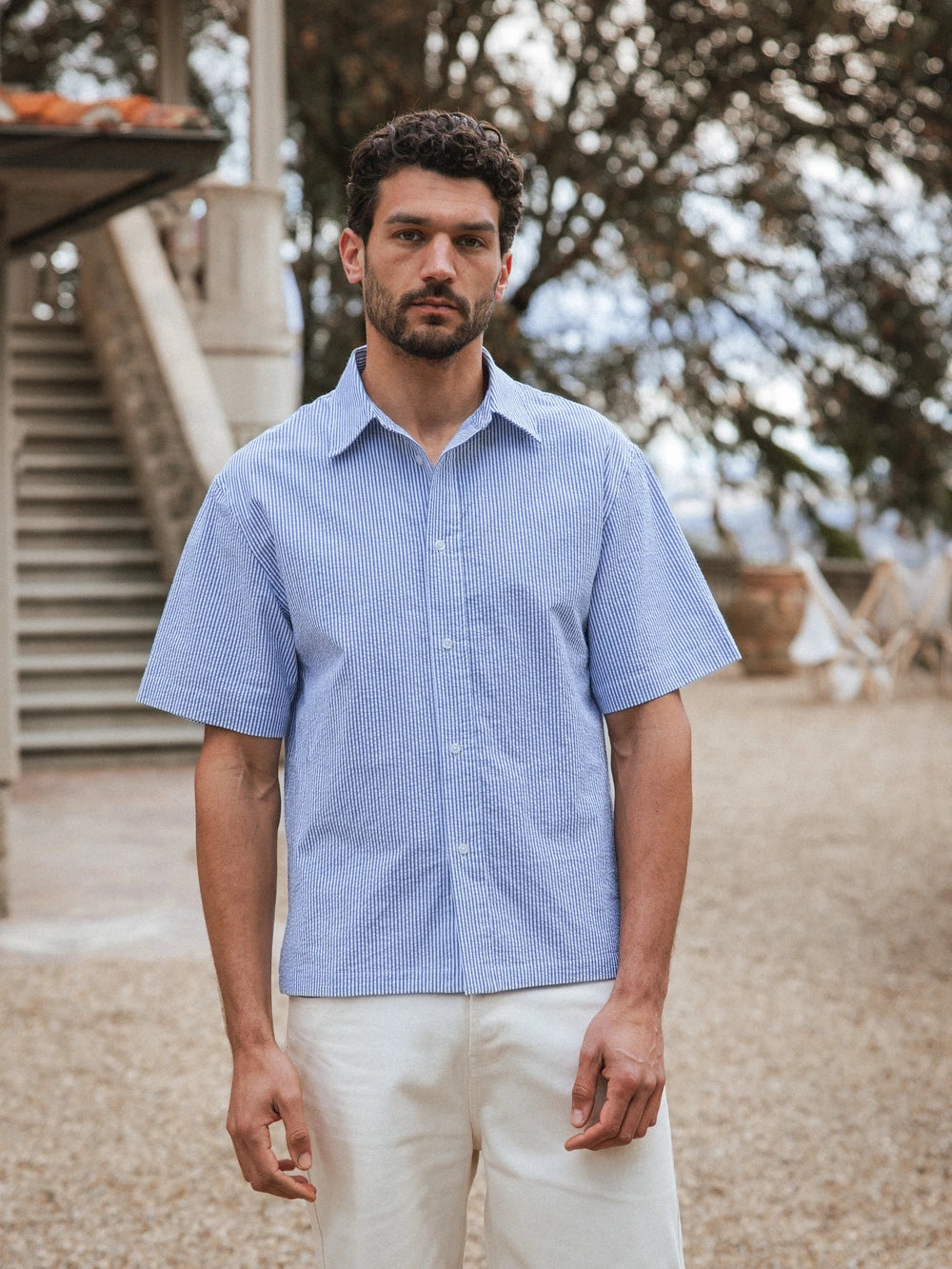 Blue Stripe Waffle Polo Shirt