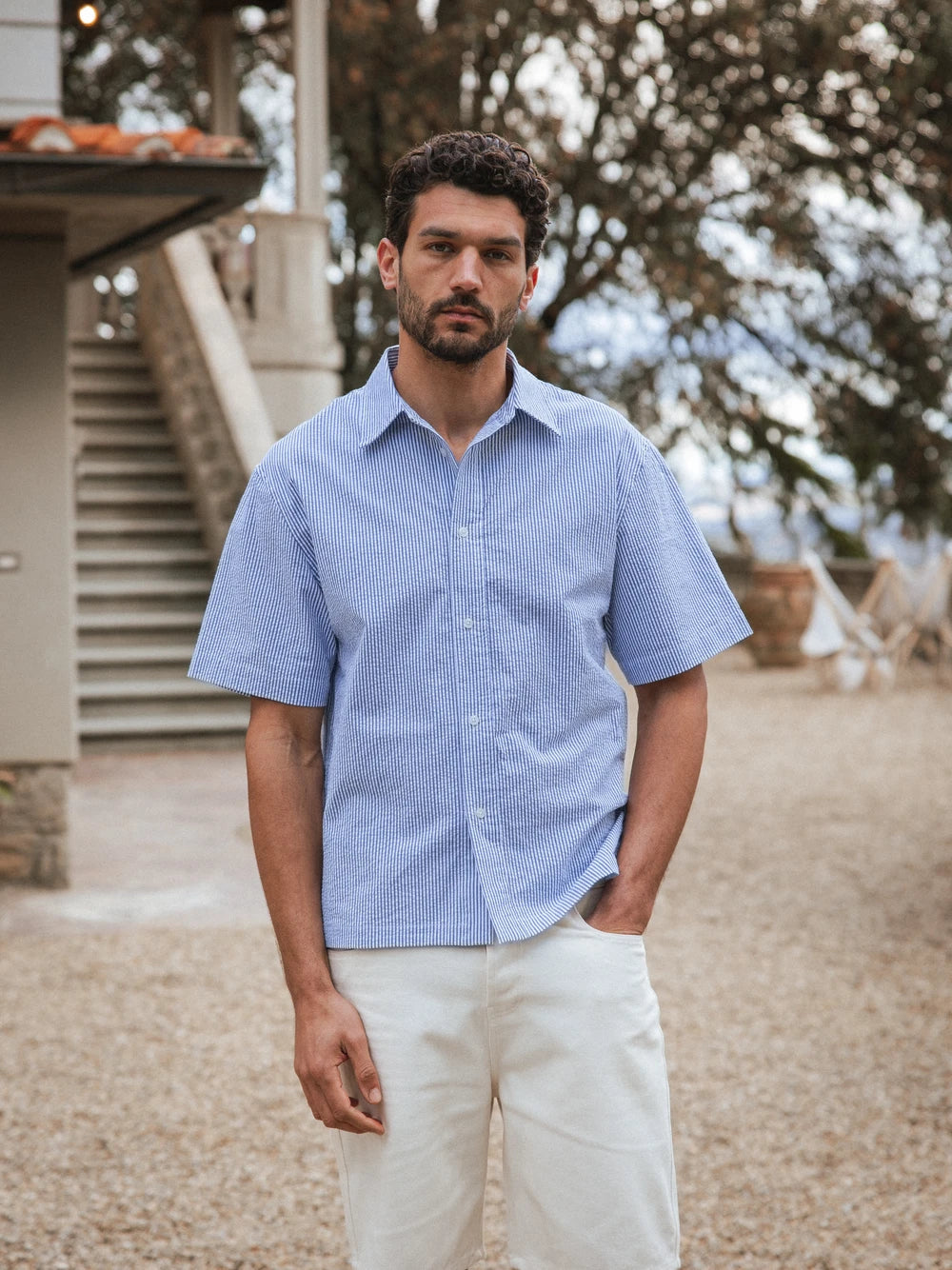 Blue Stripe Waffle Polo Shirt