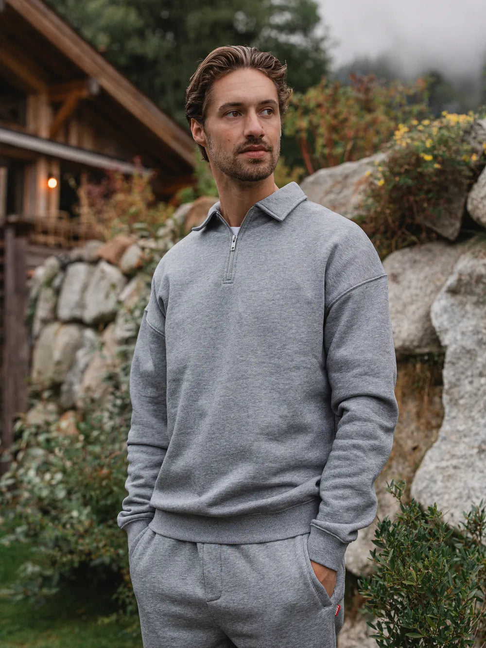 Dark Grey Melange Polo Zipper Sweater