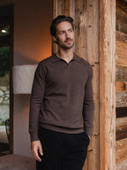 Brauner Melange-Wollpullover mit V-Ausschnitt