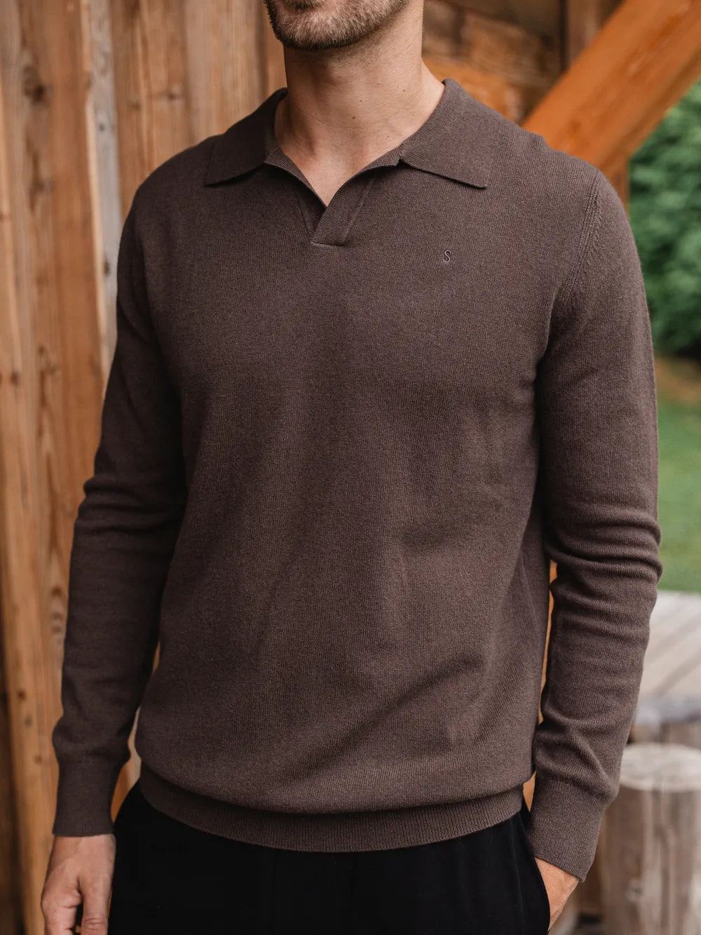 Brown Melange Wool V-Neck