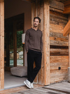 Brauner Melange-Wollpullover mit V-Ausschnitt