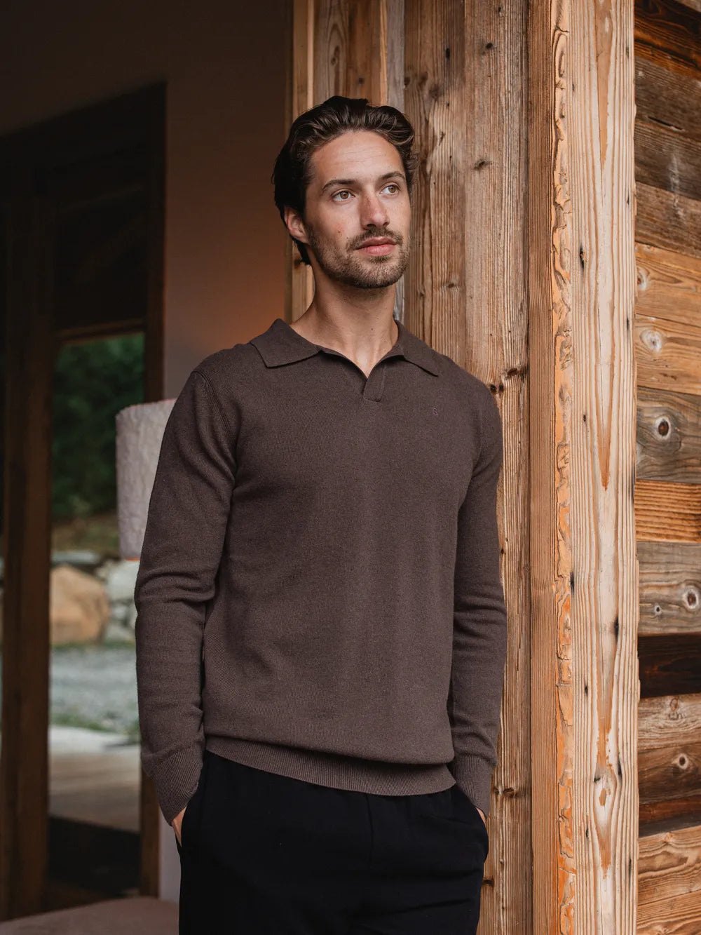 Brown Melange Wool V-Neck