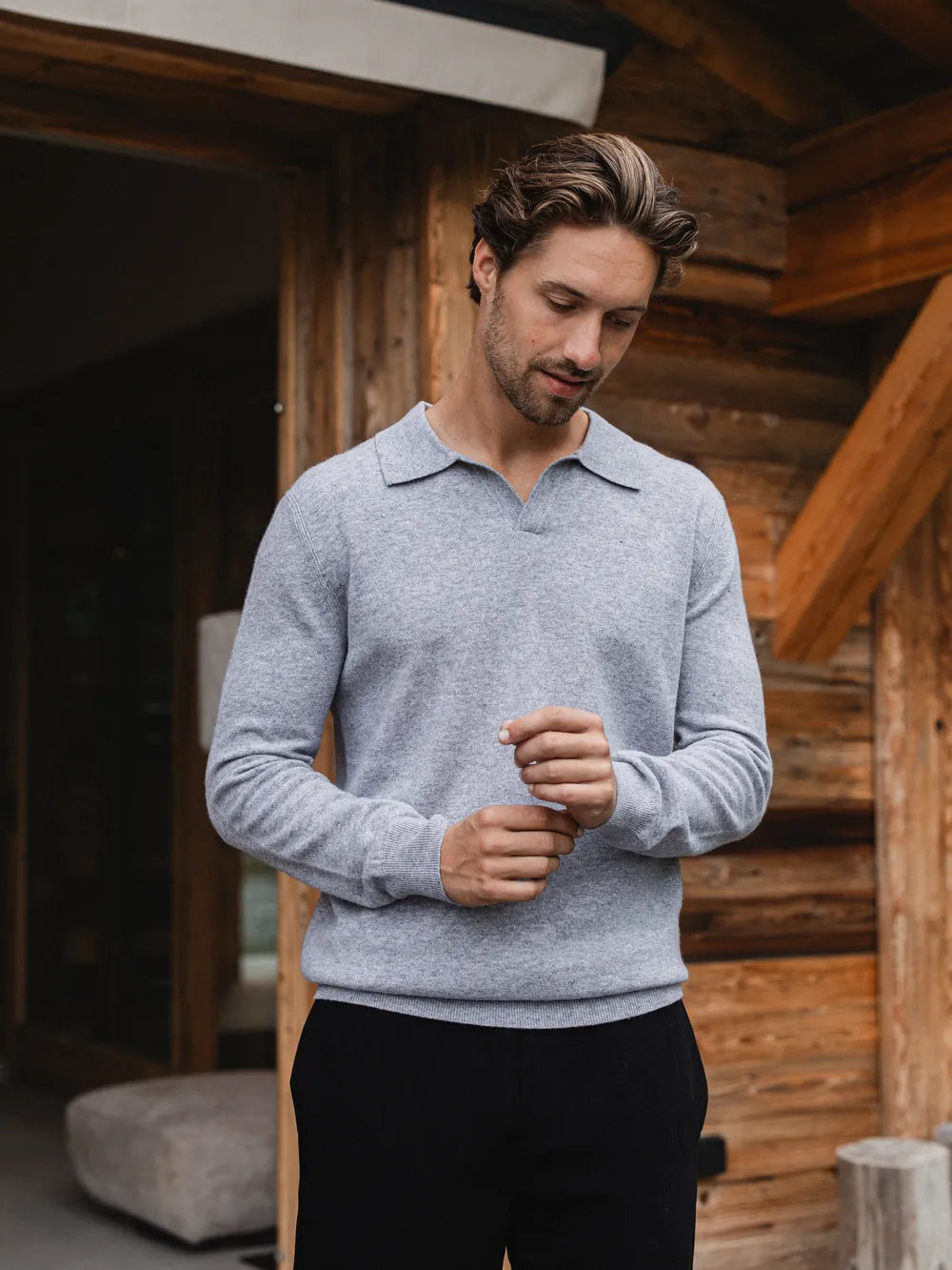 Grey Melange Wool V-Neck