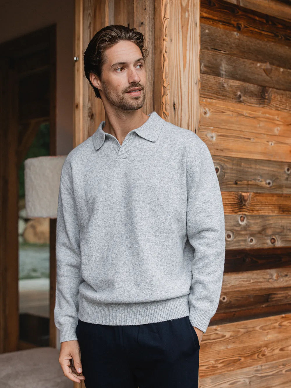 Grey Knit V-Neck Polo