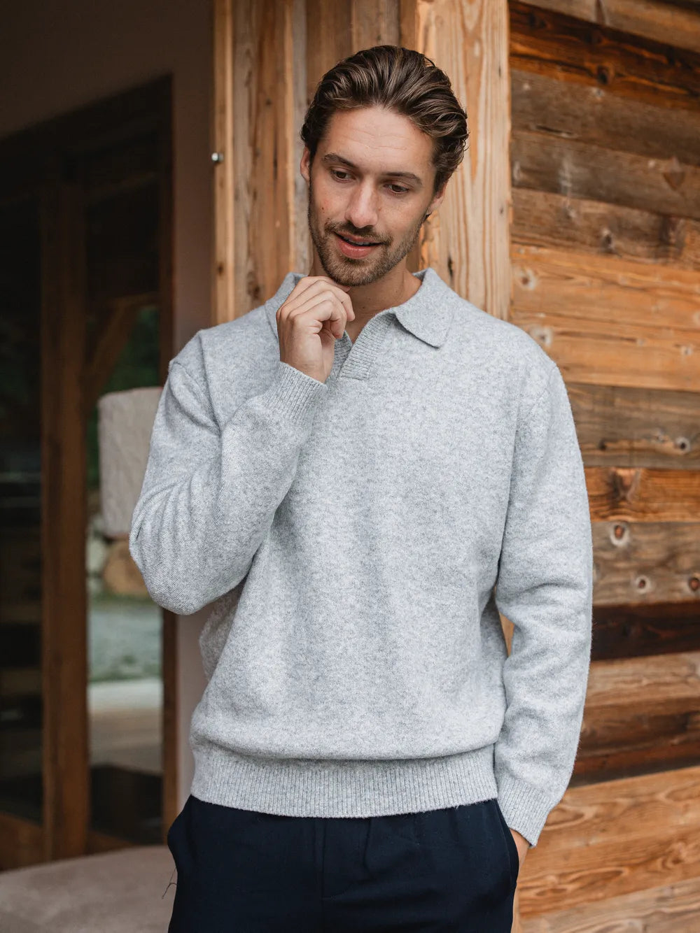 Grey Knit V-Neck Polo