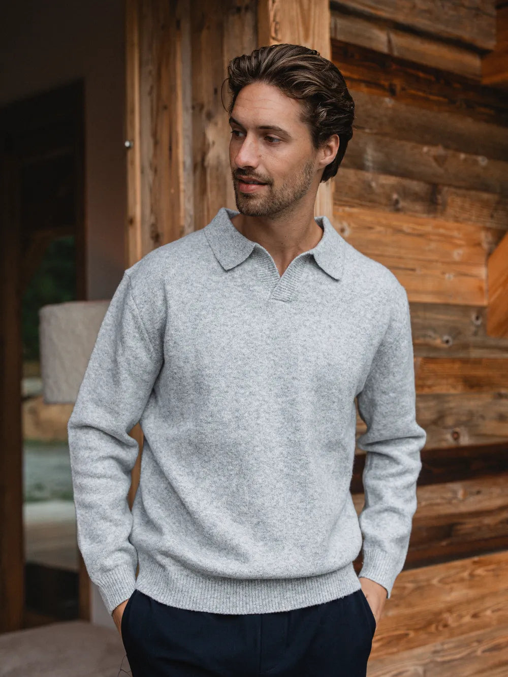Grey Knit V-Neck Polo