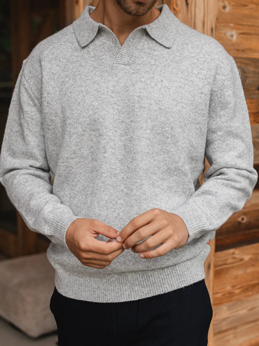 Grey Knit V-Neck Polo