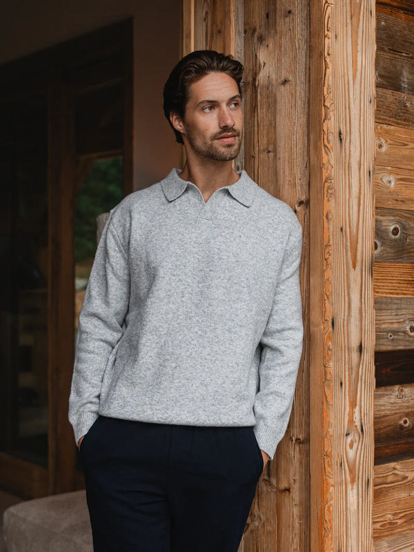 Grey Knit V-Neck Polo