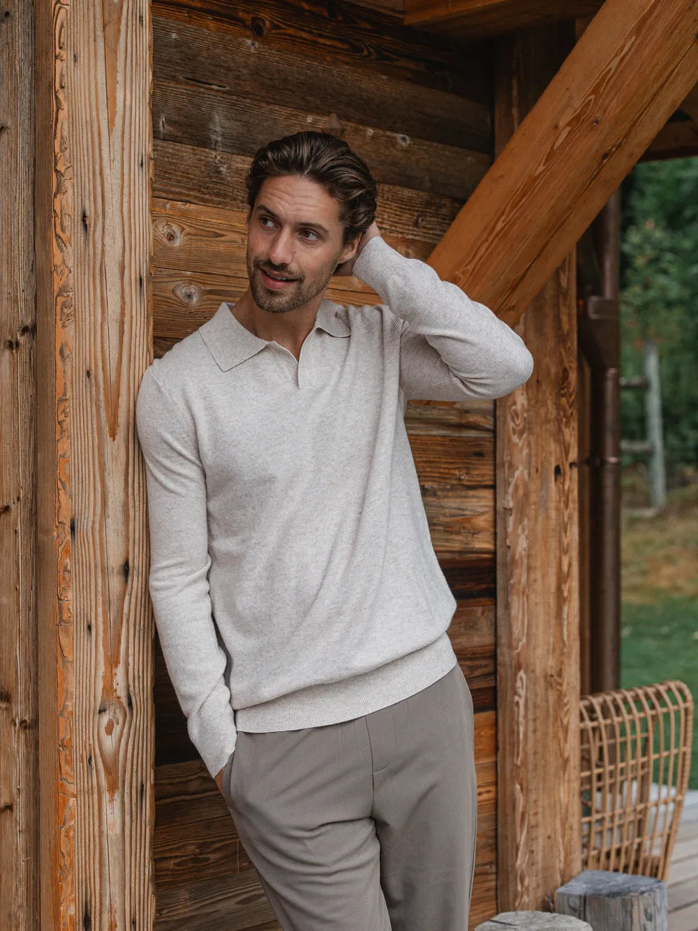 Beige Melange Wool V-Neck