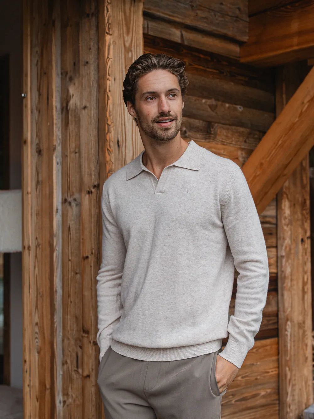 Beige Melange Wool V-Neck