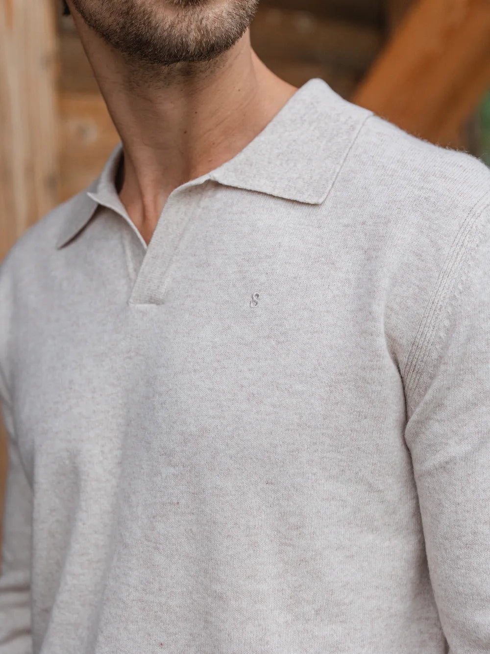 Beige Melange Wool V-Neck