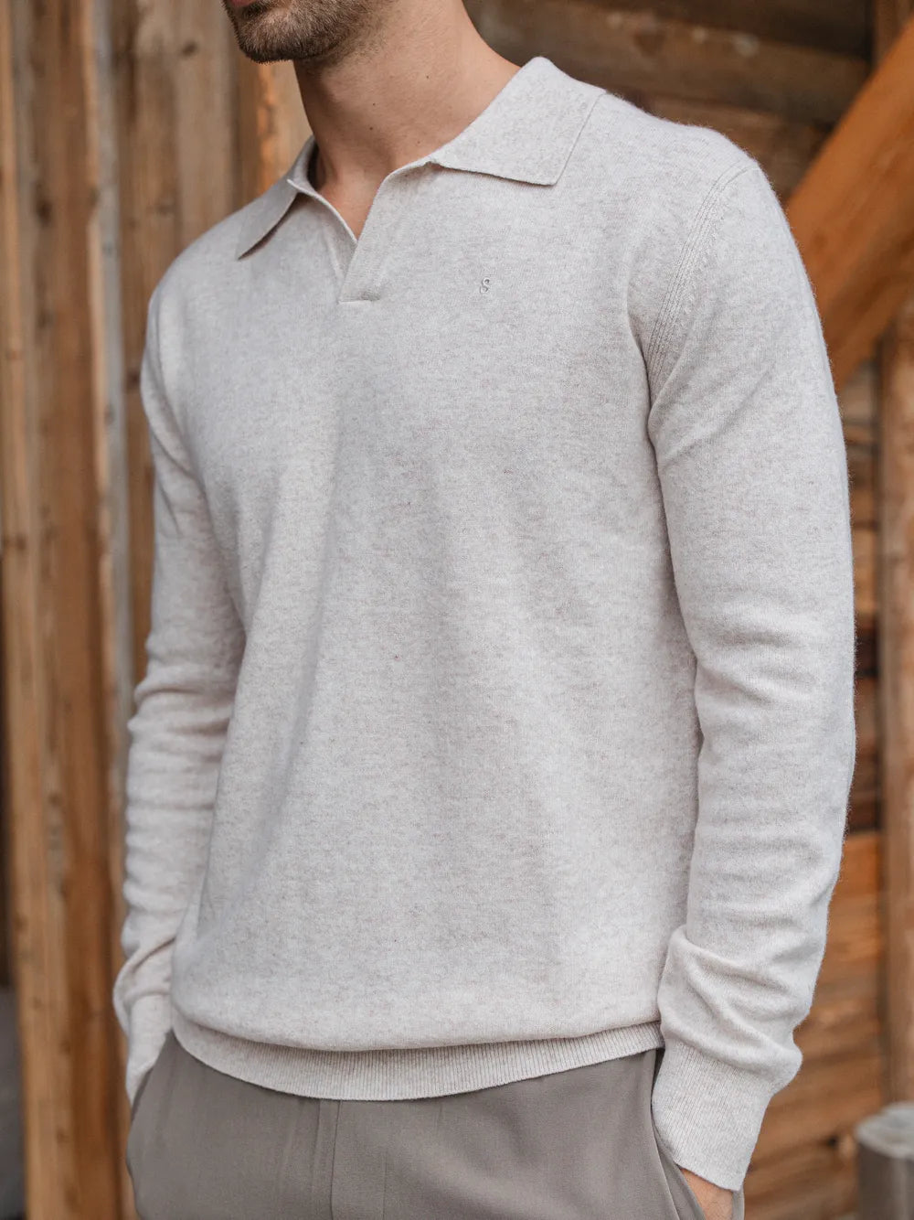 Beige Melange Wool V-Neck