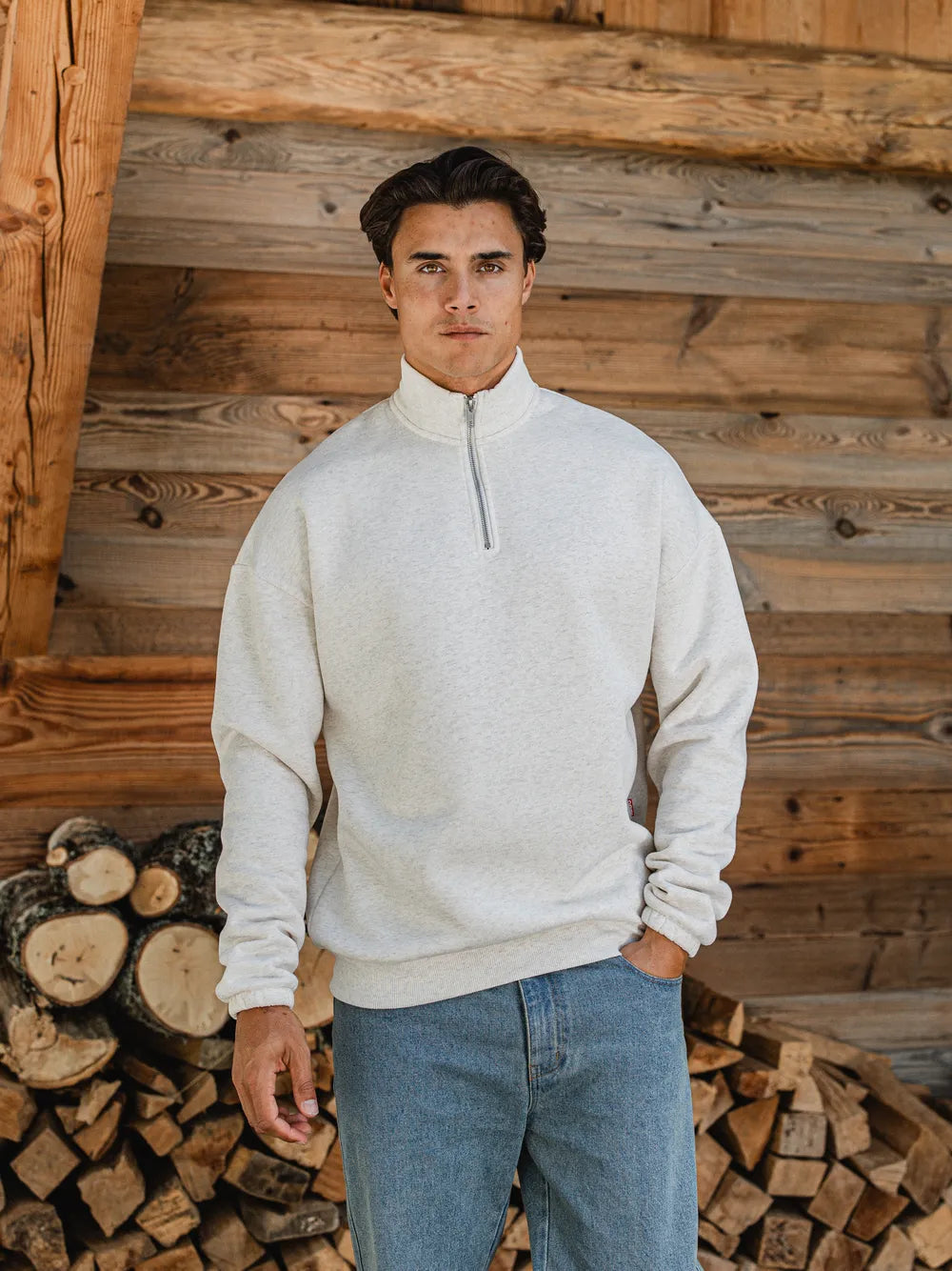 White Melange Halfzip Sweater