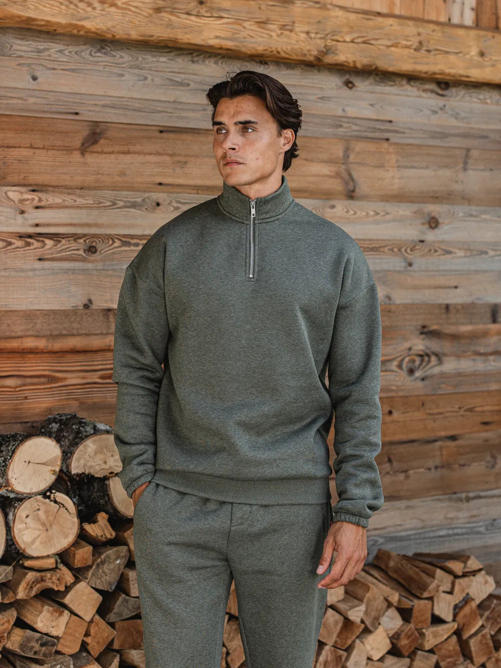 Green Melange Halfzip Sweater