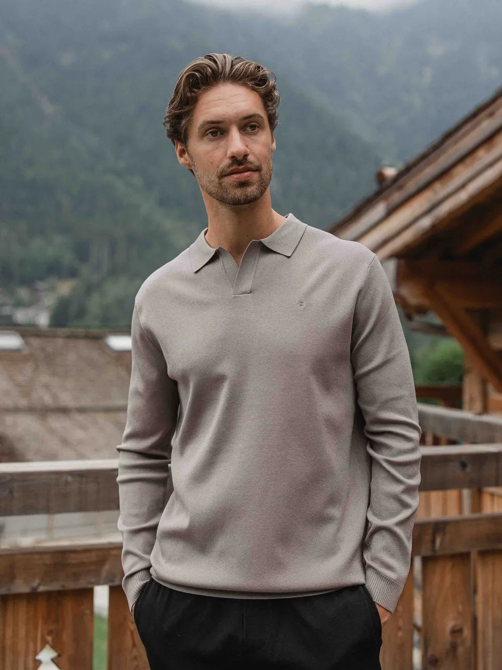 Taupe Knit V-Polo Longsleeve