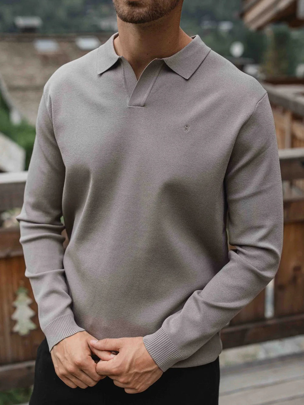 Taupe Knit V-Polo Longsleeve