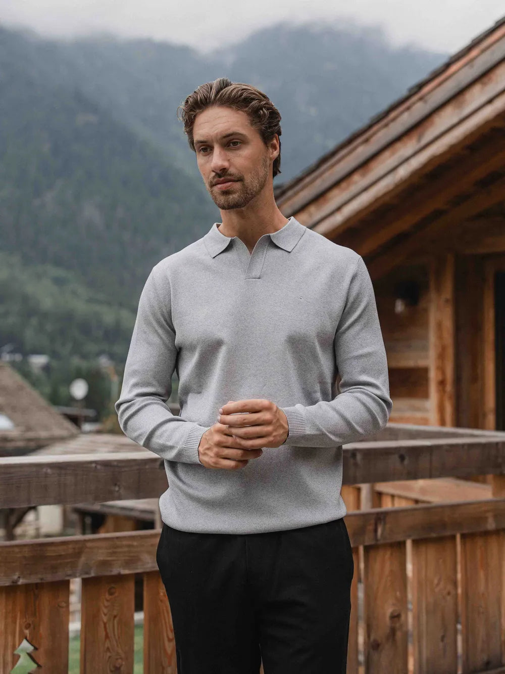 Grey Knit V-Polo Longsleeve