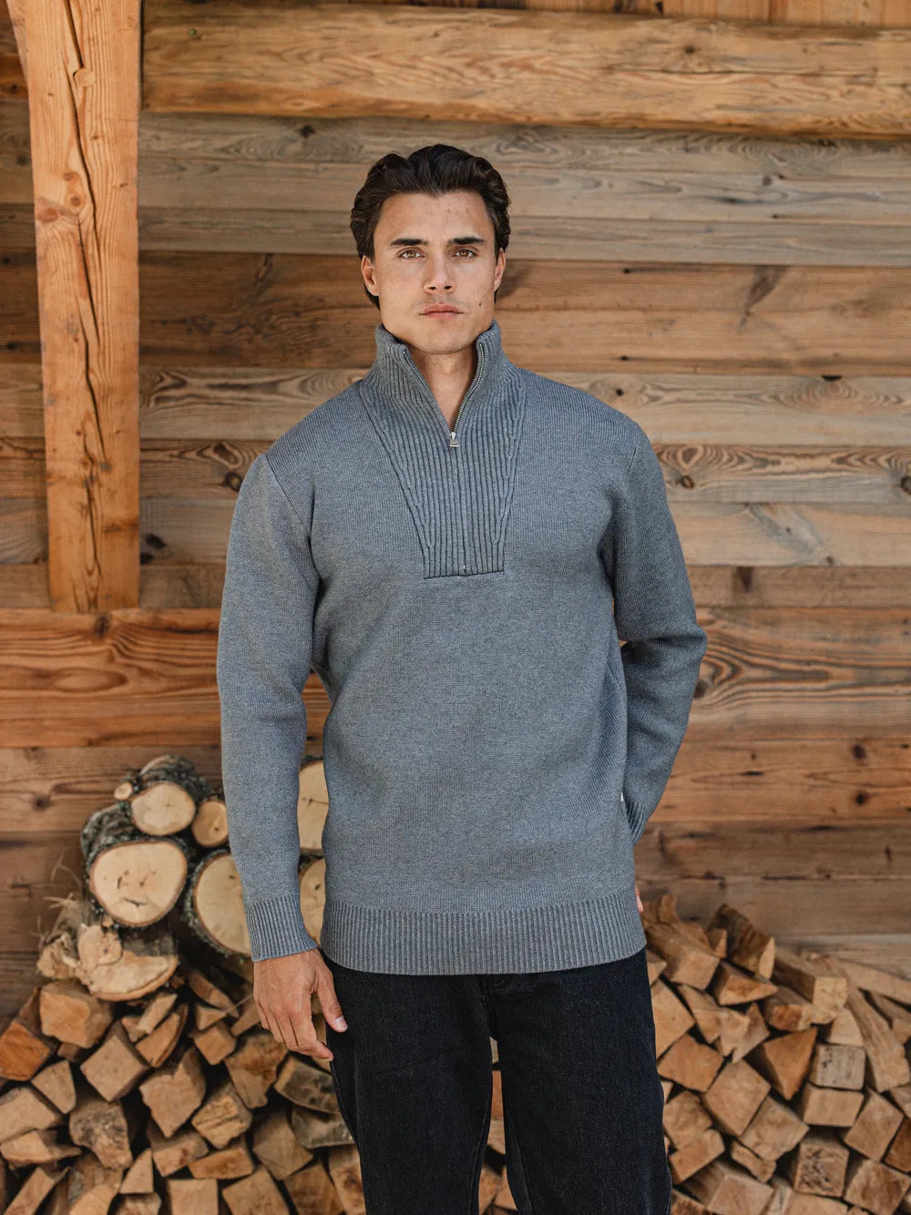 Grey Knitted Zipper Sweater