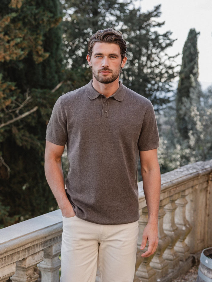 Dark Brown Wool Melange Button Polo