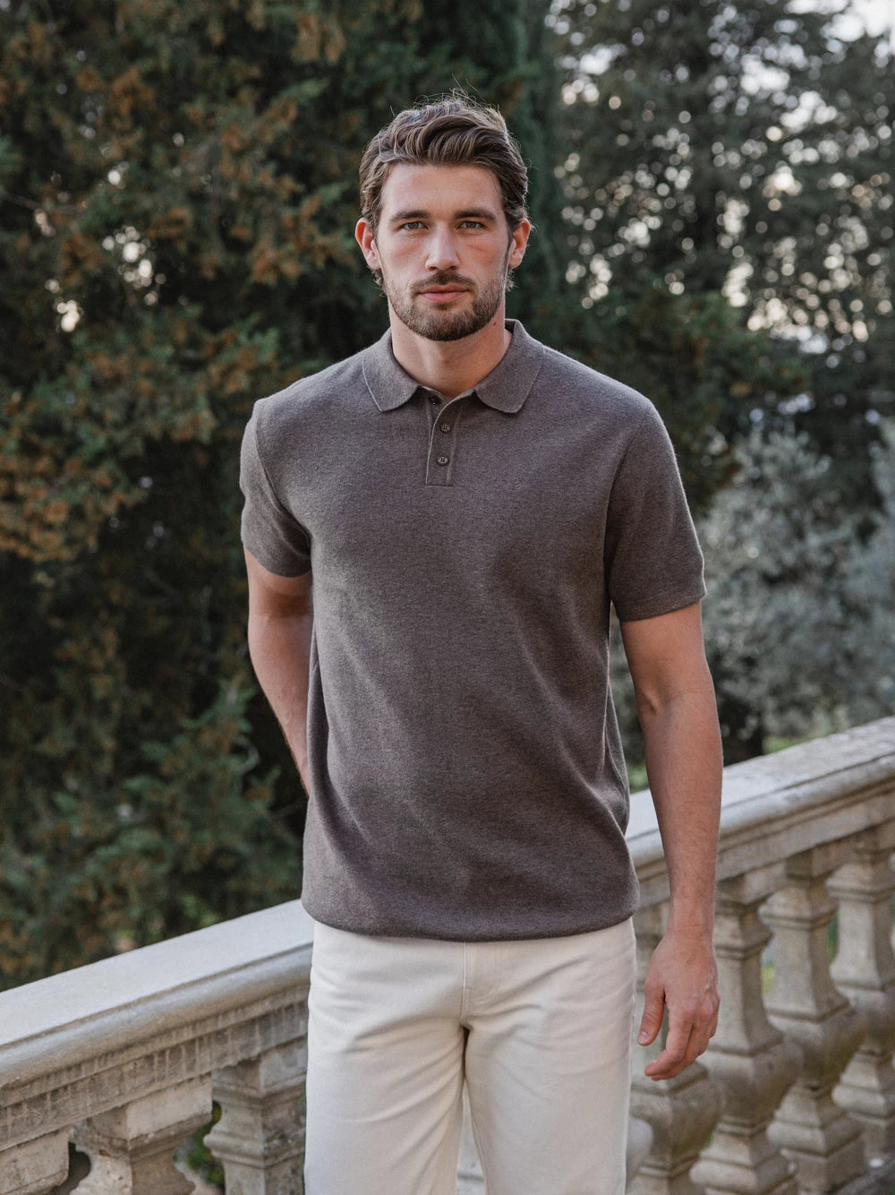 Dark Brown Wool Melange Button Polo