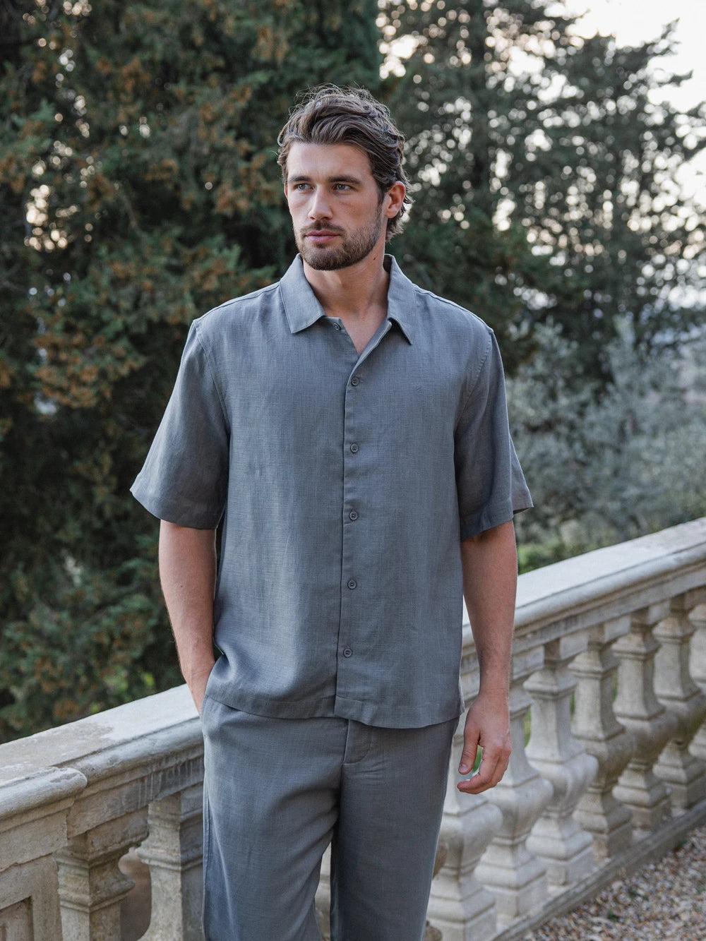 Grey Linen Polo Shirt