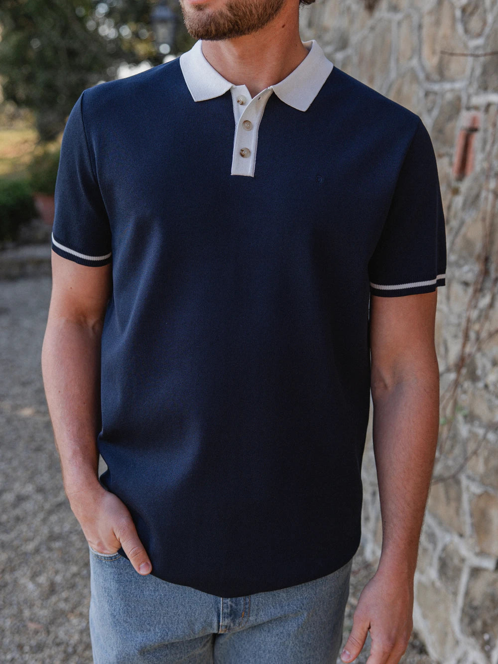 Navy Knit Collar Polo