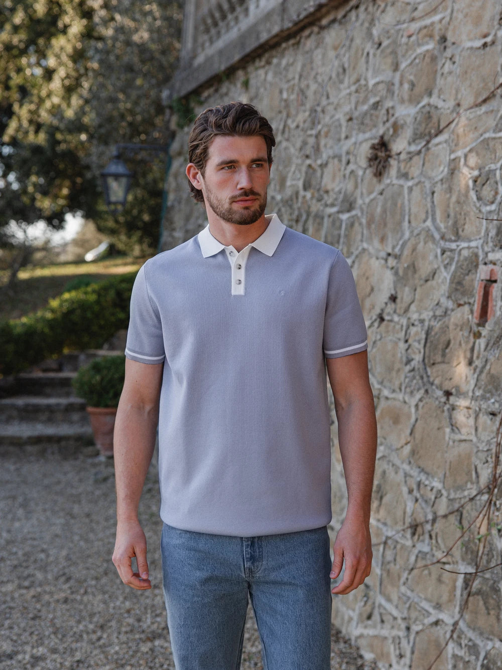 Grey Knit Collar Polo