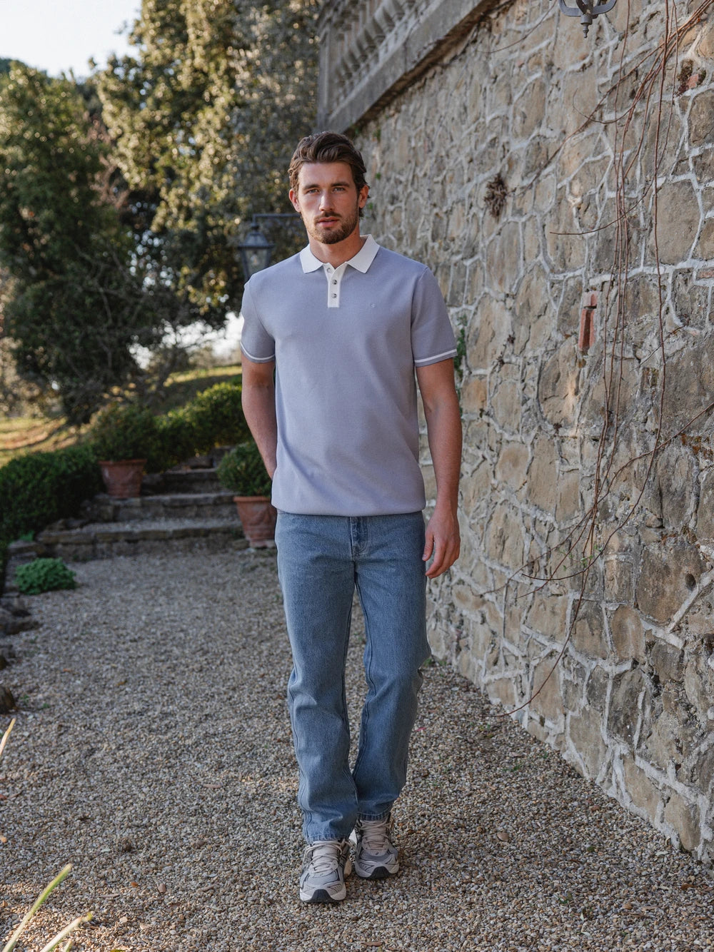 Grey Knit Collar Polo