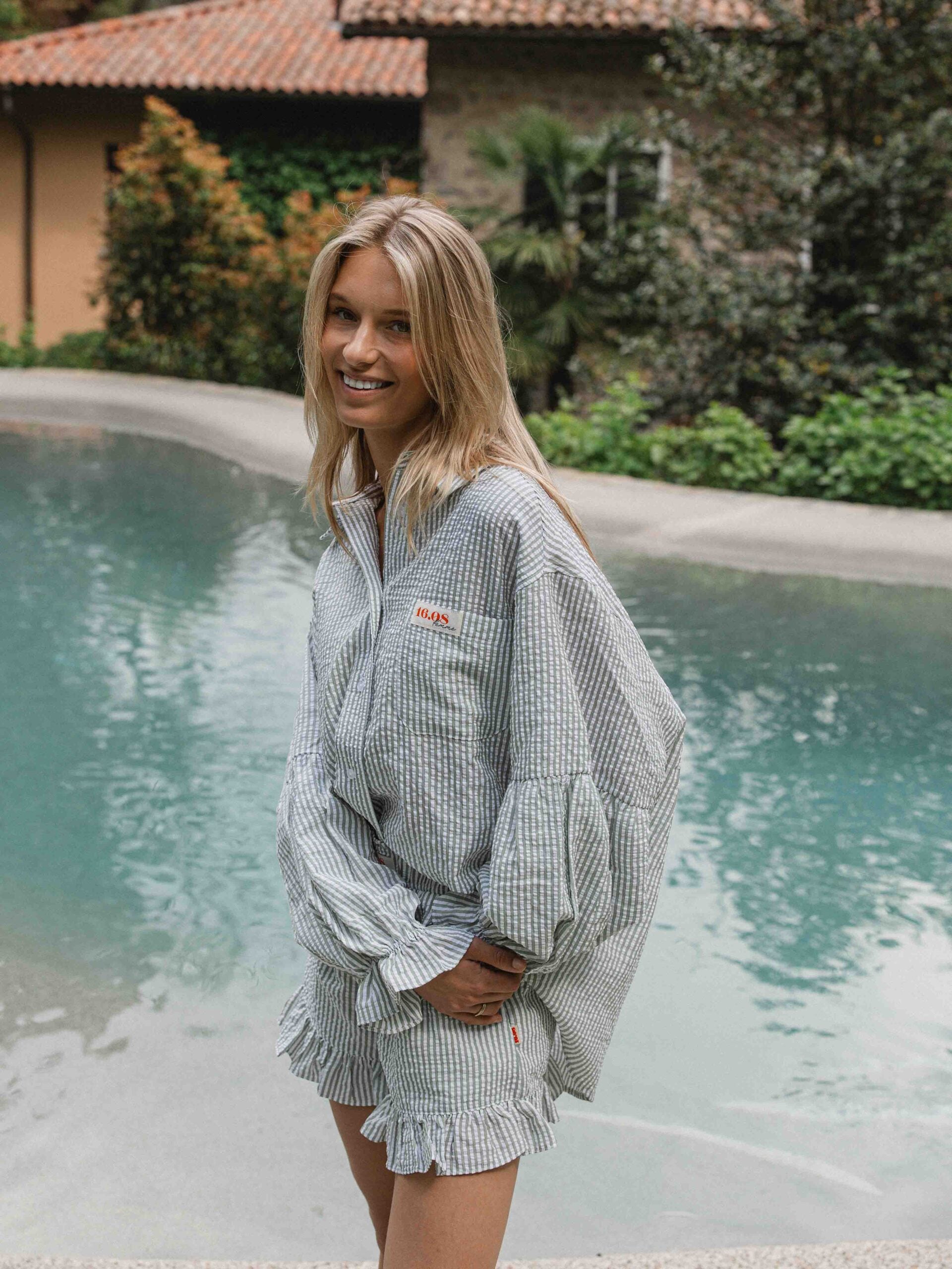 Green Stripe Oversized Ruffle Blouse
