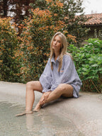 Blue Stripe Oversized Ruffle Blouse Sample