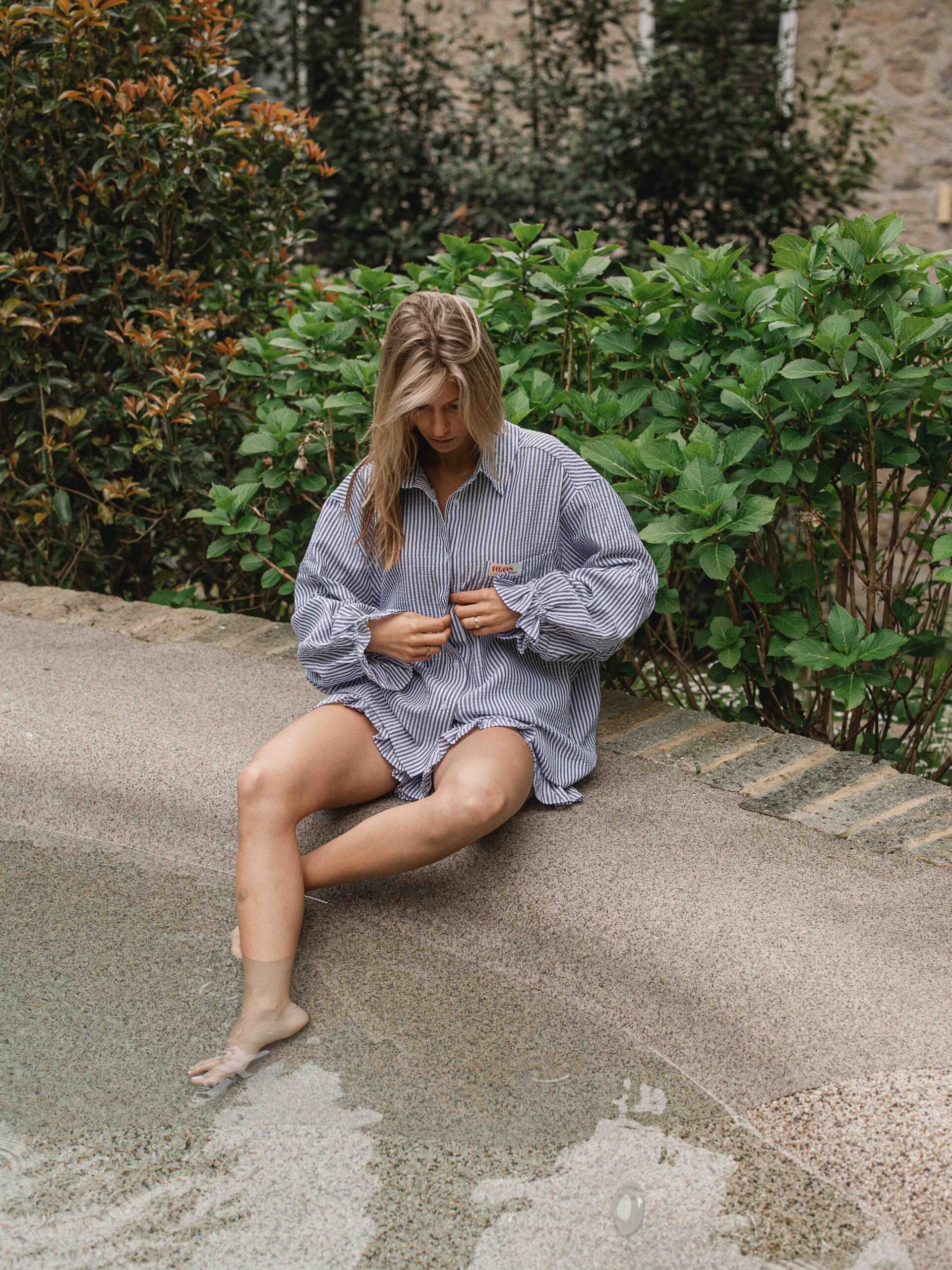 Blue Stripe Oversized Ruffle Blouse