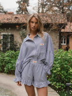 Blue Stripe Oversized Ruffle Blouse Sample