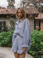 Blue Stripe Oversized Ruffle Blouse Sample