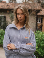 Blue Stripe Oversized Ruffle Blouse Sample