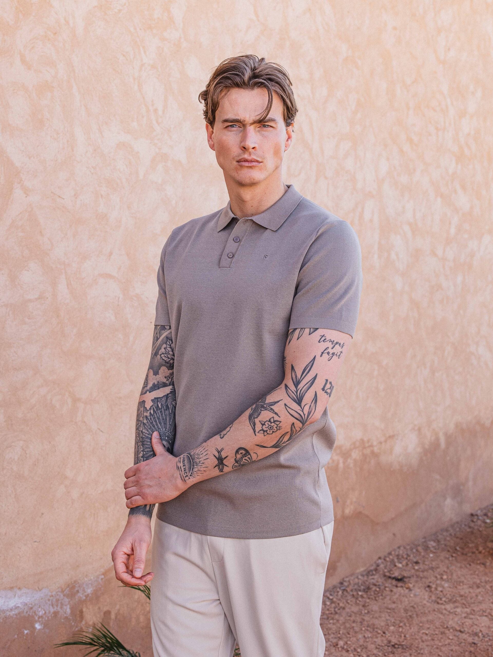 Light Brown Knit Polo Button