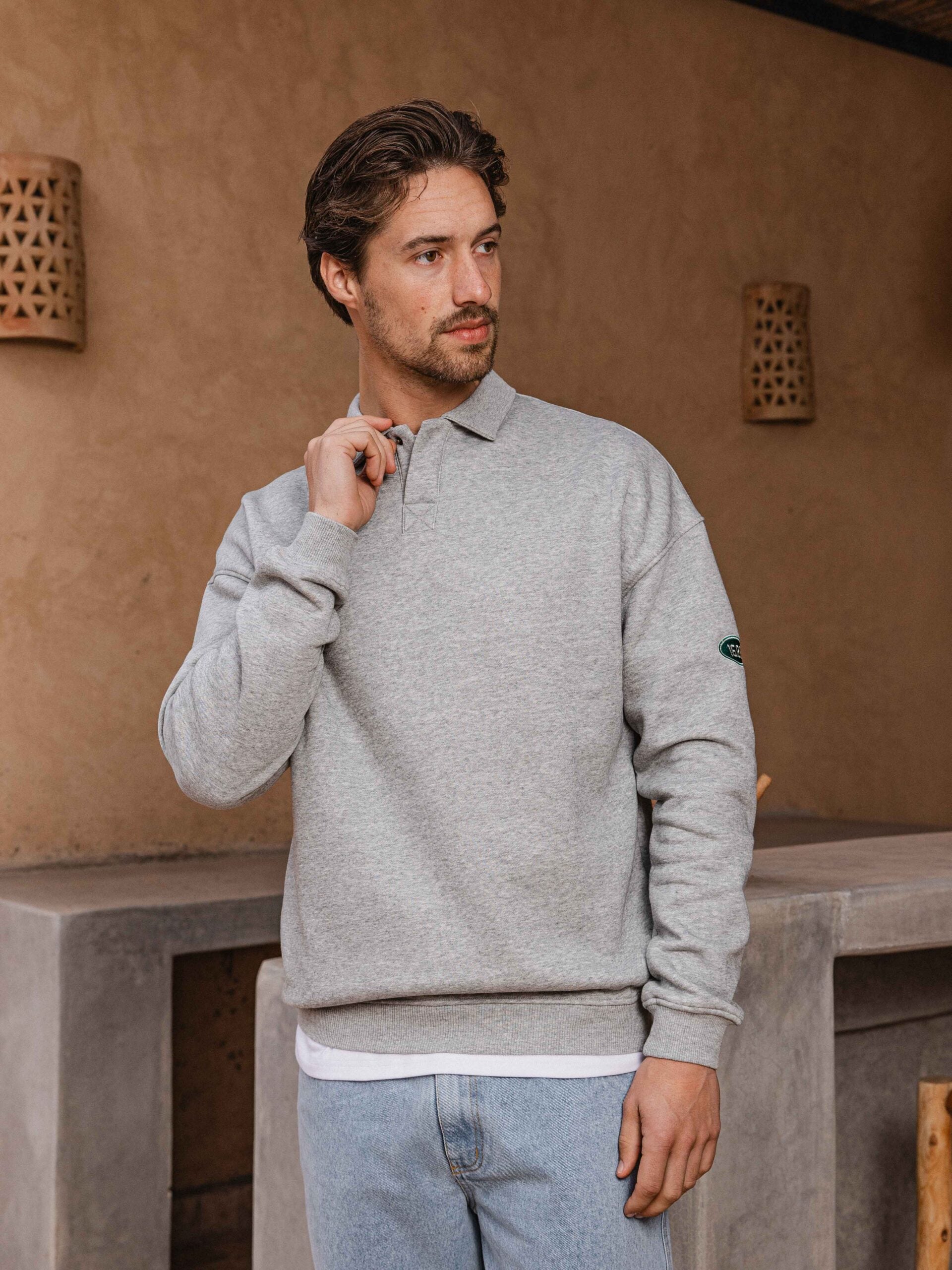 Grey Patch Oversized Polo Sweater