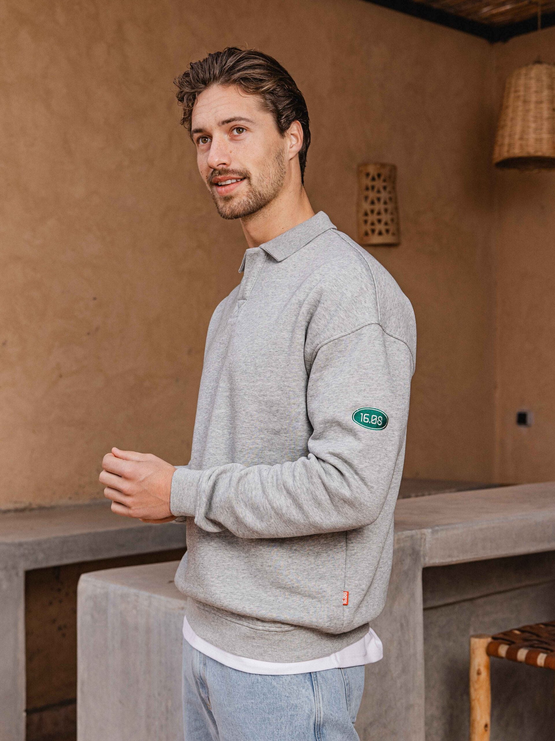 Grey Patch Oversized Polo Sweater