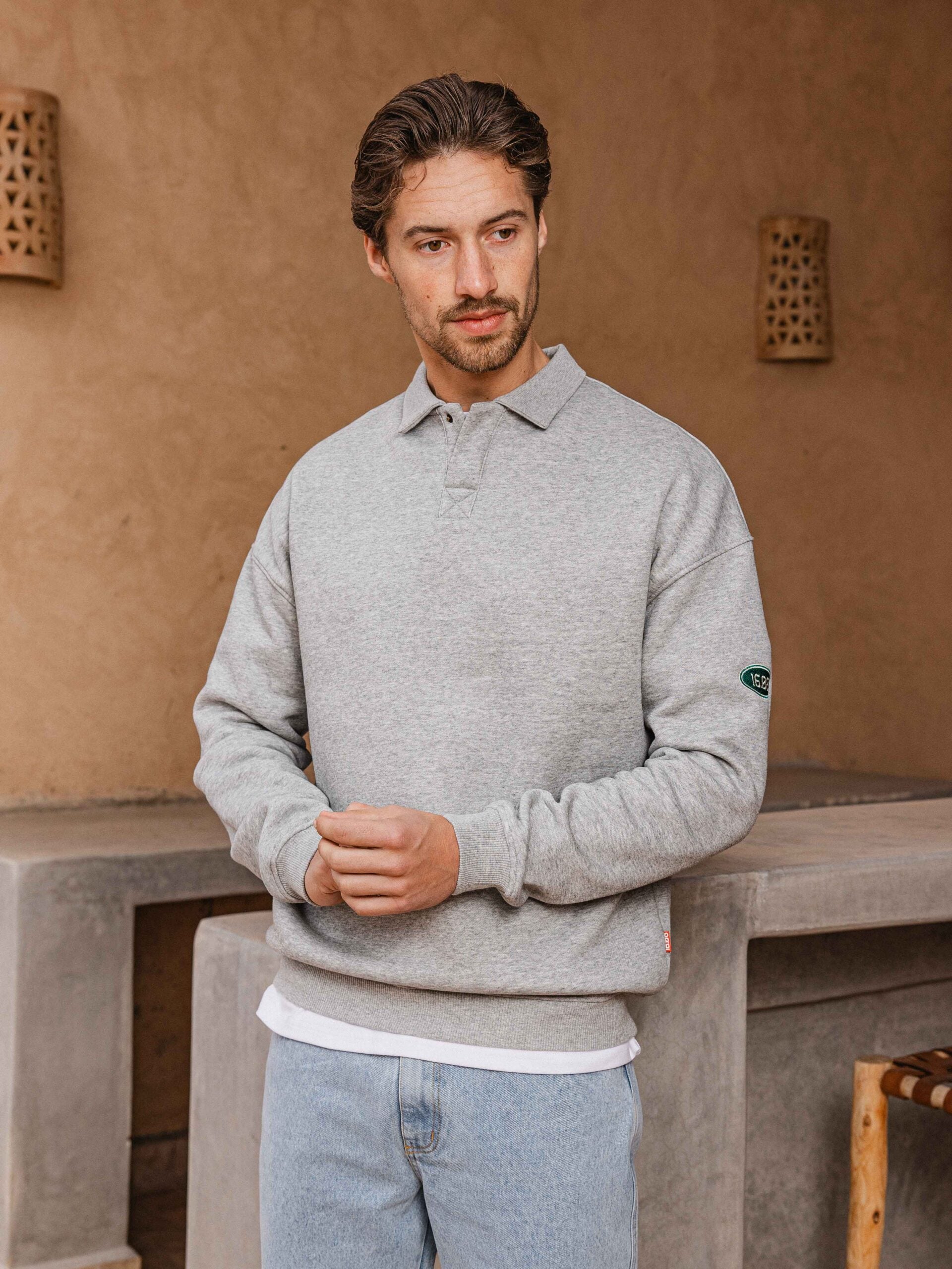 Grey Patch Oversized Polo Sweater