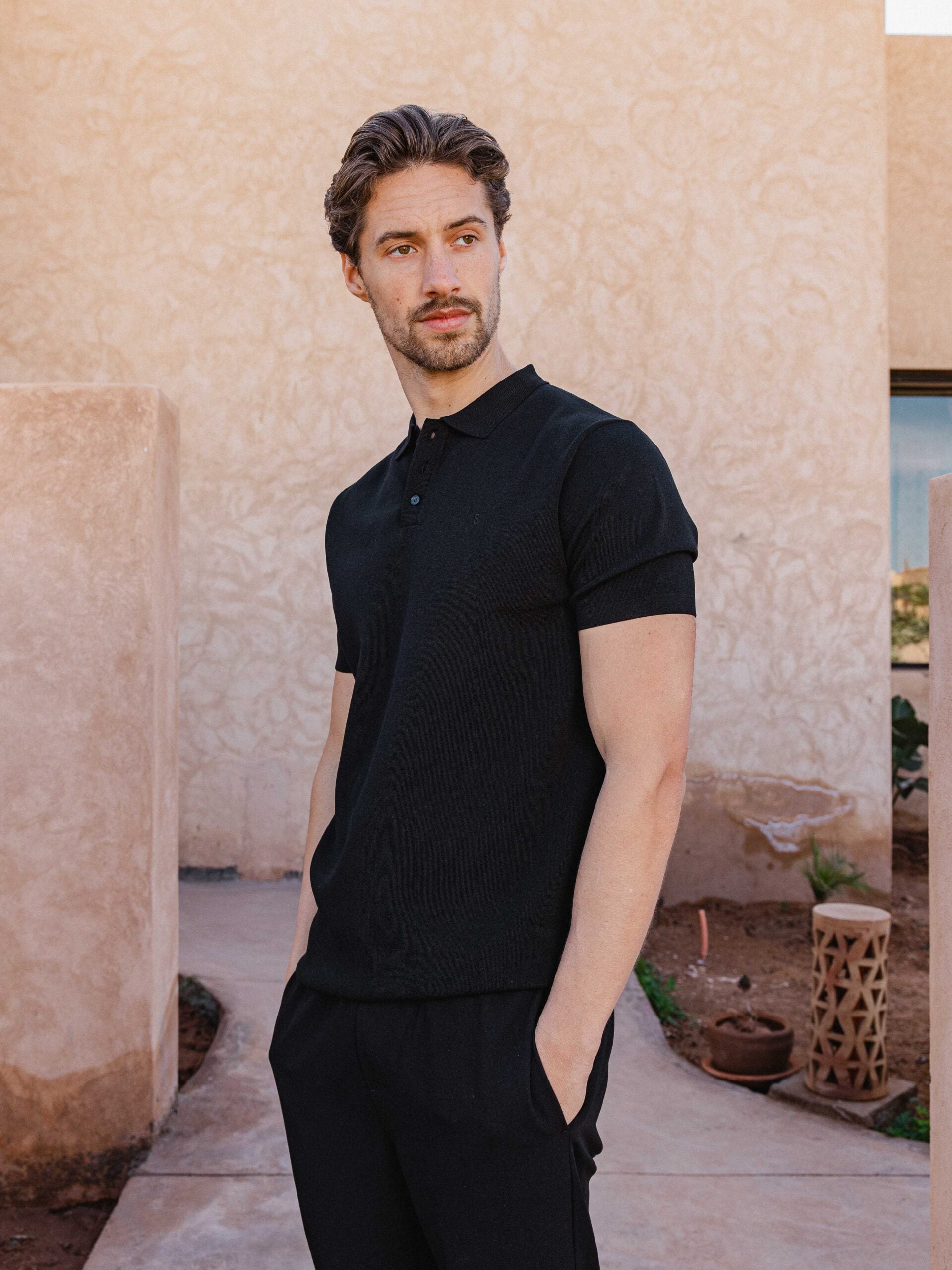 Black Knit Button Polo