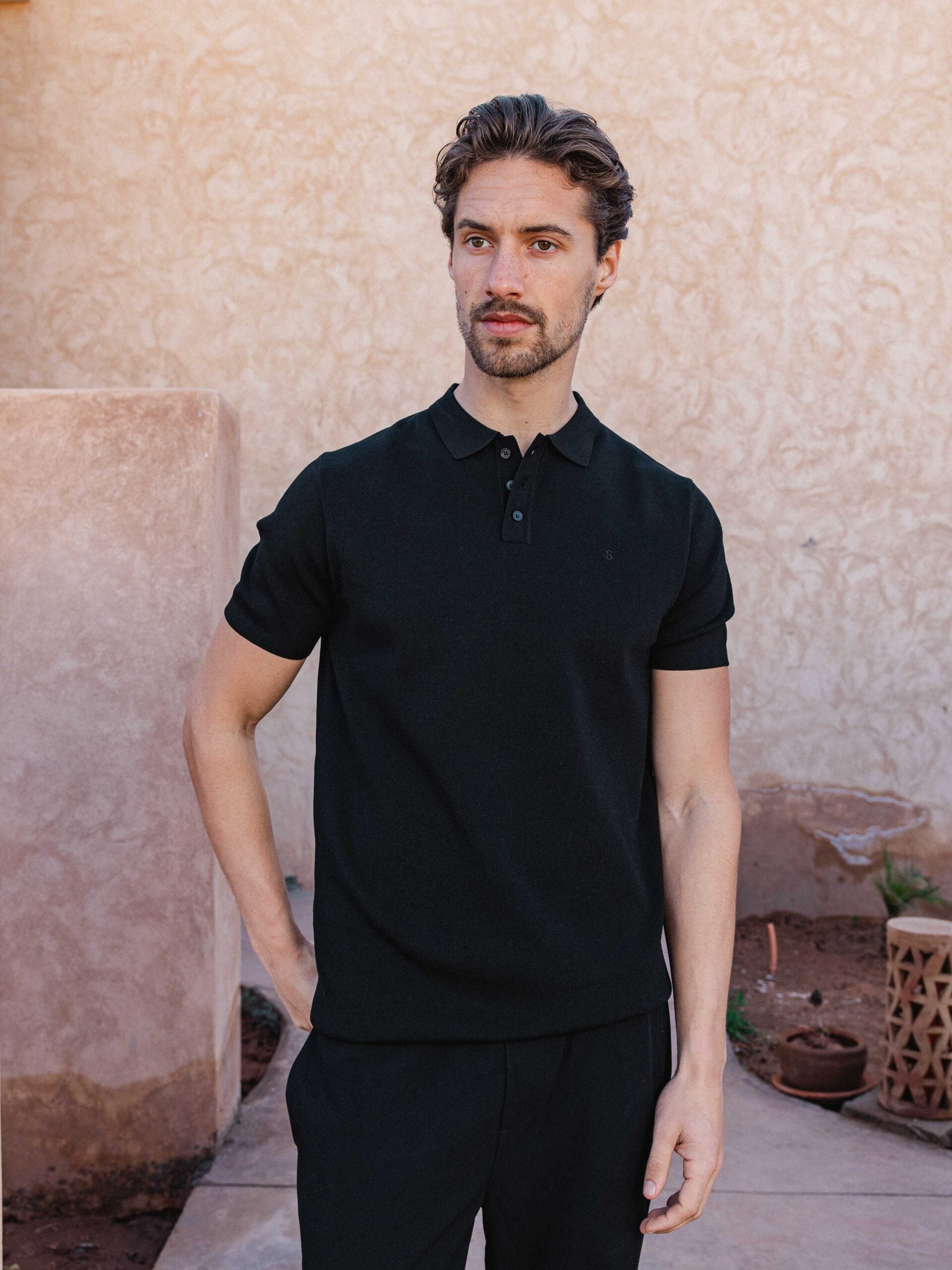 Black Knit Button Polo