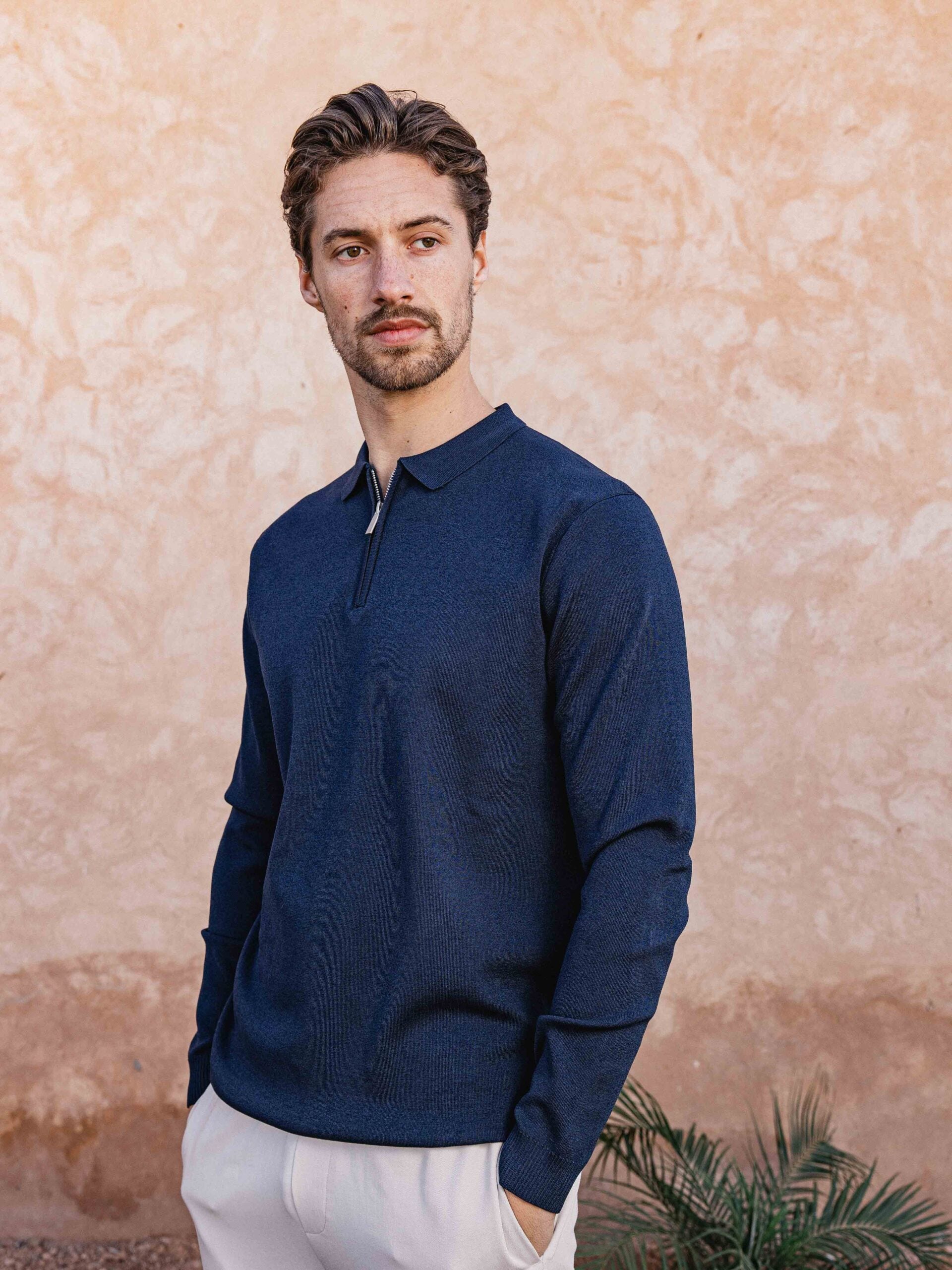 Navy Knit Zipper Polo