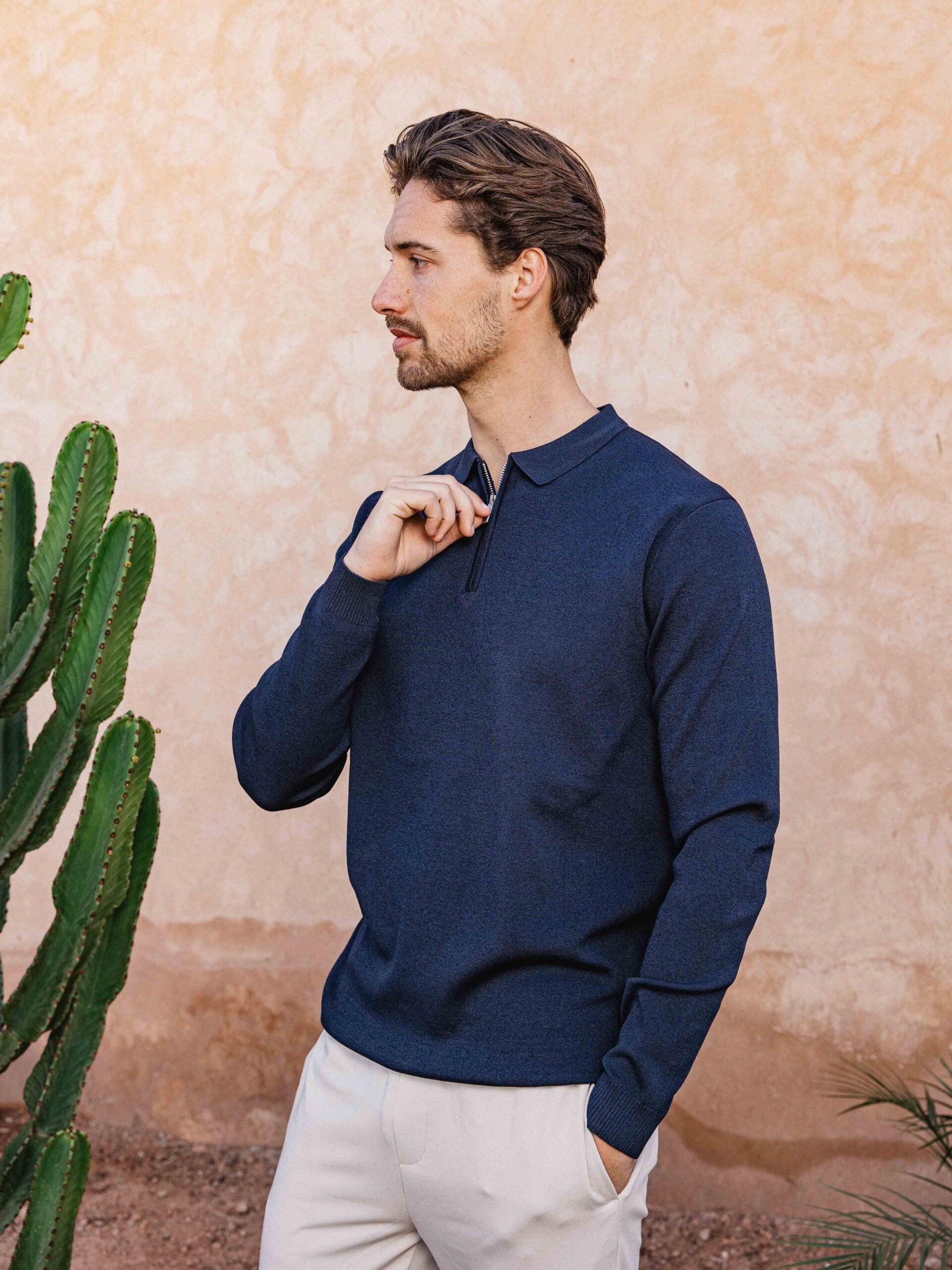 Navy Knit Zipper Polo