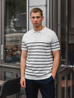 White Knit Button Stripe Polo