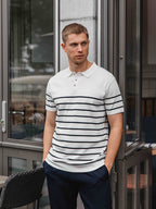 White Knit Button Stripe Polo