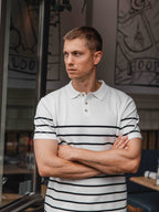 White Knit Button Stripe Polo