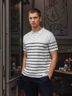 White Knit Button Stripe Polo